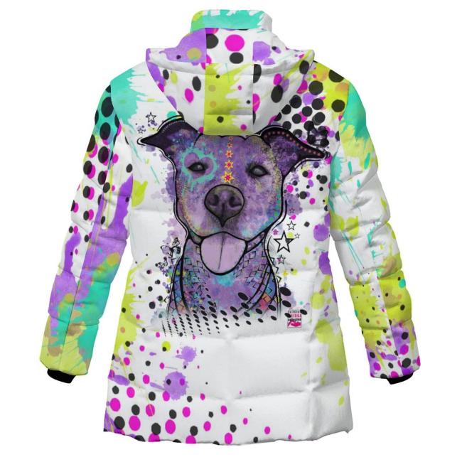 Preview: Warme Winterjacke mit Hundemotiv Mäusi – Popart Hundemotiv, 96% Polyester, 4% Spandex Unisex, bunt, warm, stylisch, modern, Amstaff, Staff, Staffordshire, Pitbull, Pit, Größe S-6XL,